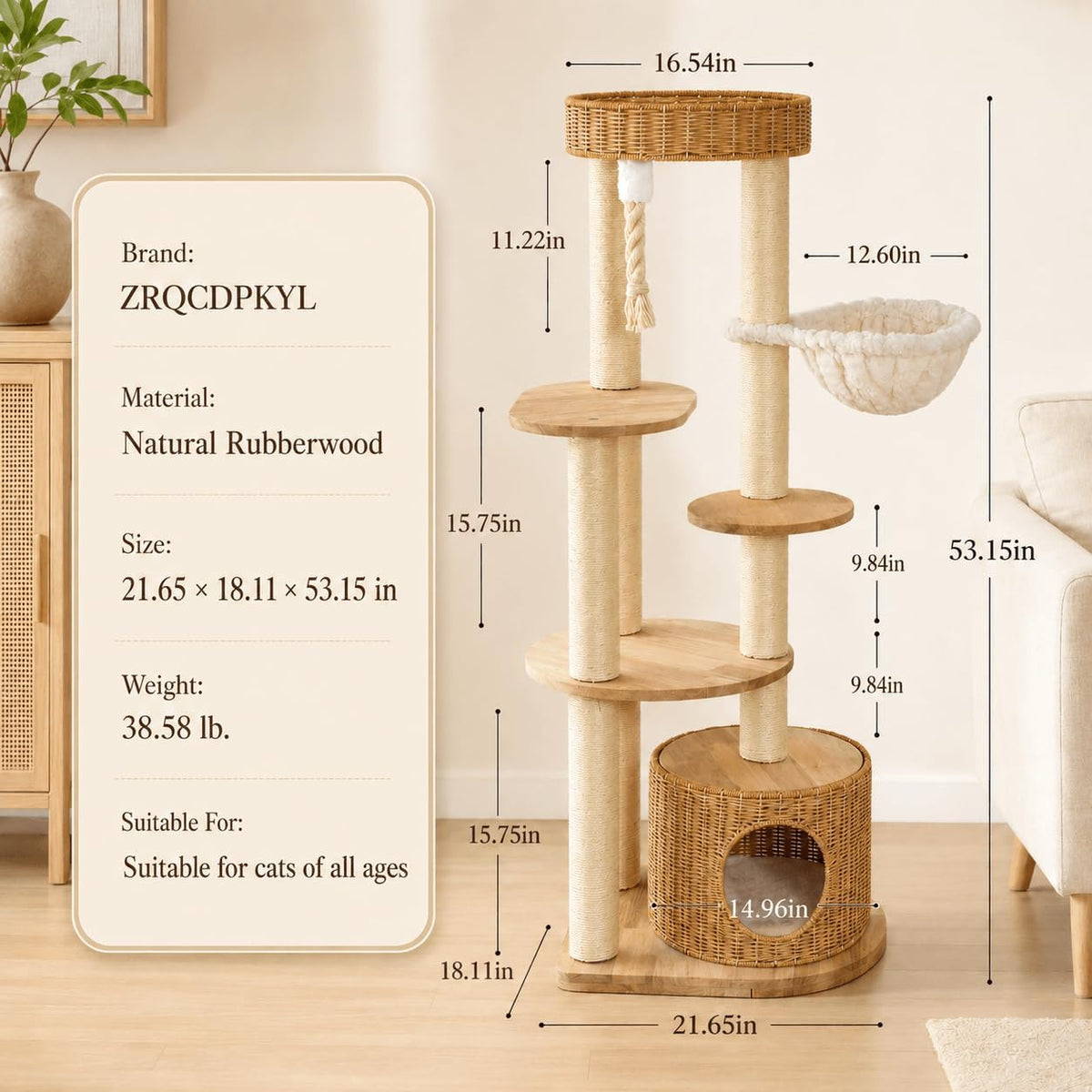 53'' Solid Wooden Cat Tree for Indoor Cats，Modern Large Cat Tower