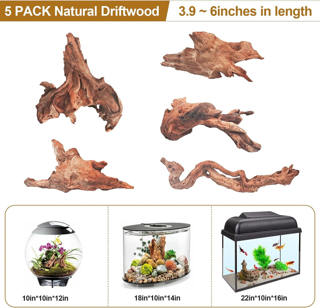 Natural Driftwood Decor for Aquarium Decorations Reptile Tank Accessories, Assorted Wood Branches Decorations on Reptile Fish Tank 2-10" 2 Pcs/4 Pcs/ 5 Pcs/ 6 Pcs (Pack of 5 (3.9 to 6 Inch))