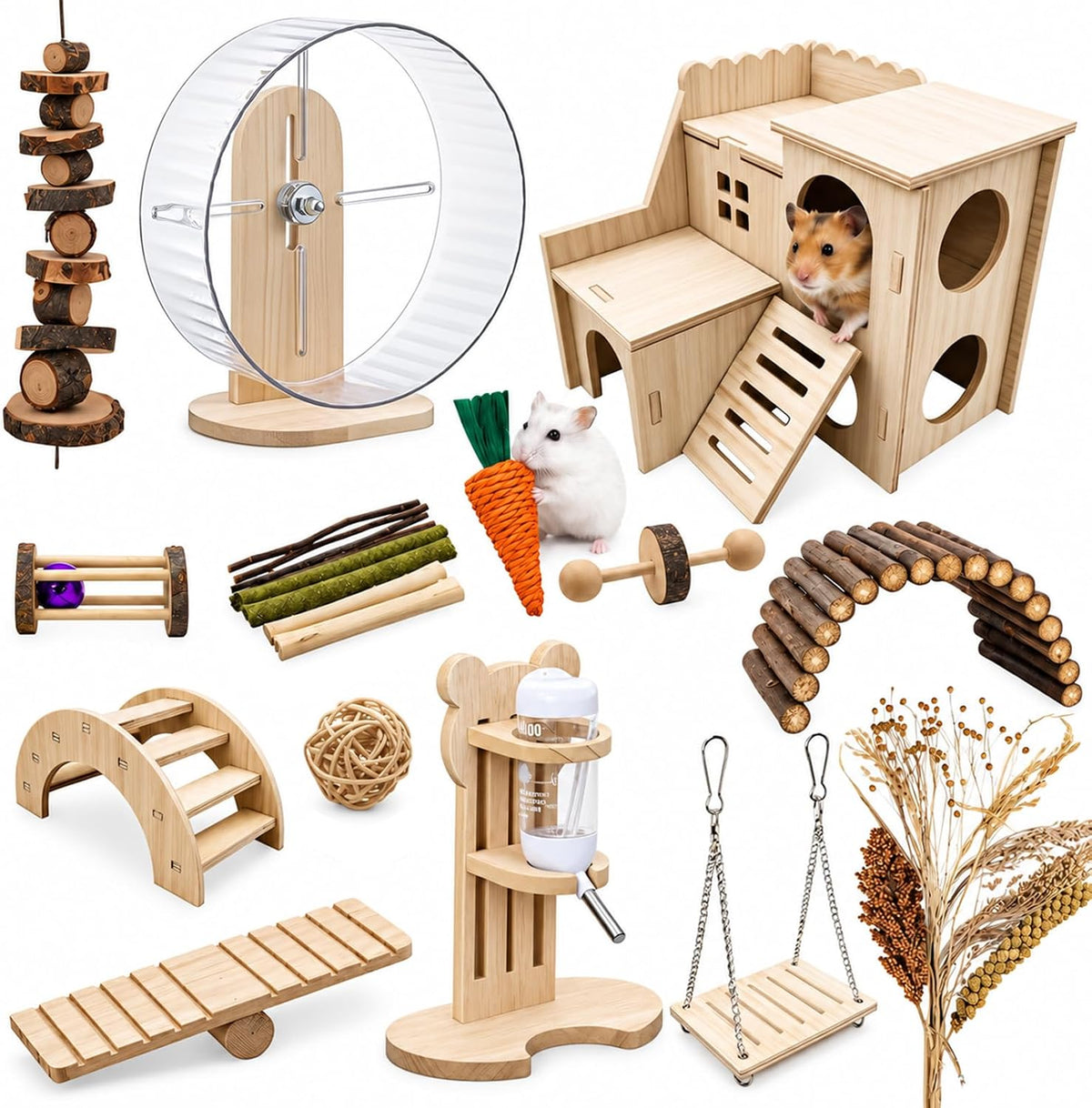 26 Pcs Hamster Cage Accessories, Silent Wheel & Wood House Set