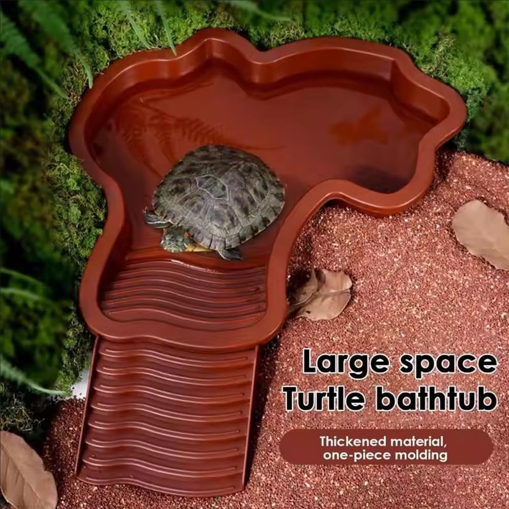 Extra Large Reptile Bathing Pool Reptile Feeding Dish Water Bowl with Ramp Aquarium Ornament for Gecko, Snake, Turtle, Bearded Dragon, Lizard Bath (Brown Red)