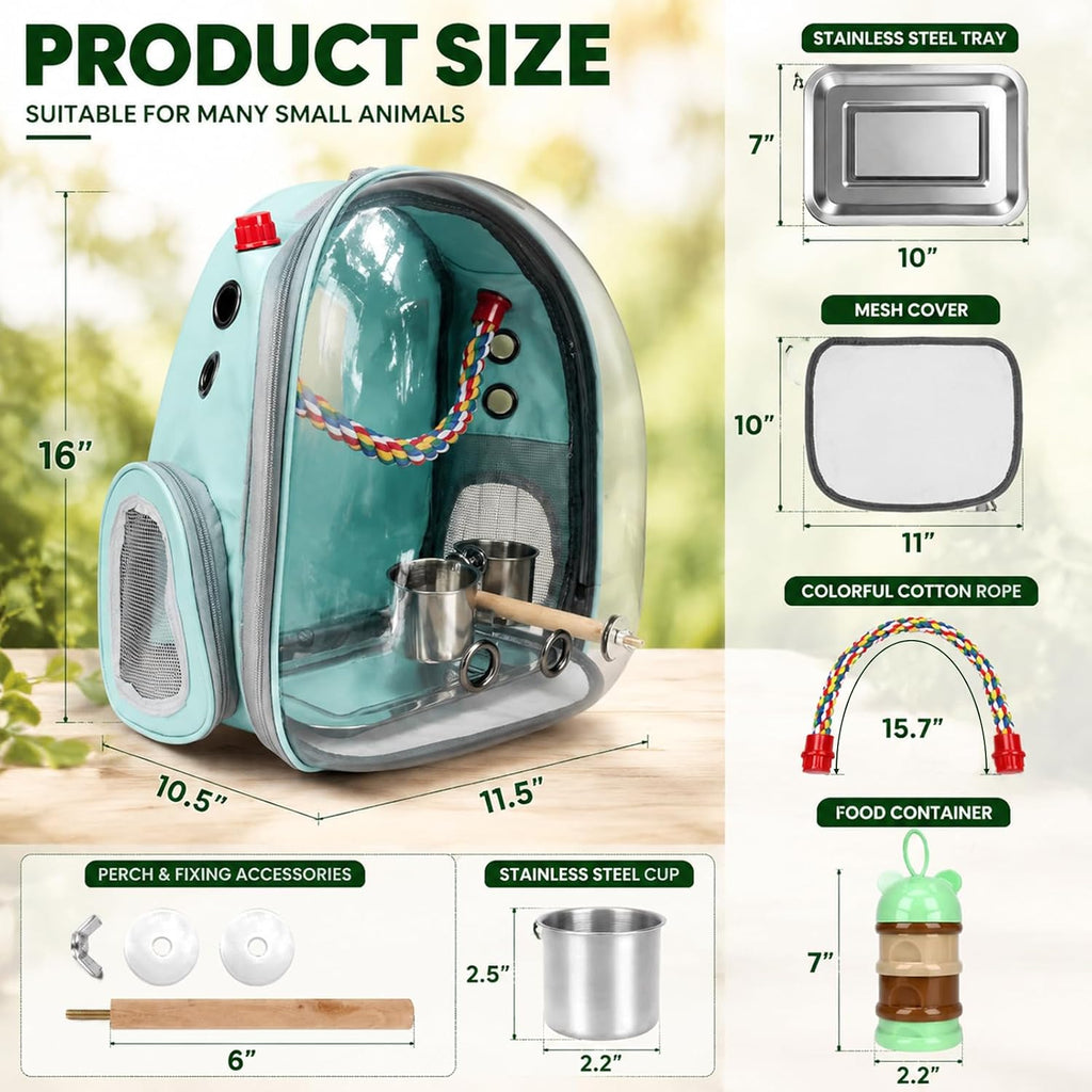 Rypet Bird Backpack Carrier, Bird Travel Cage for Parrots with Tray (Green)