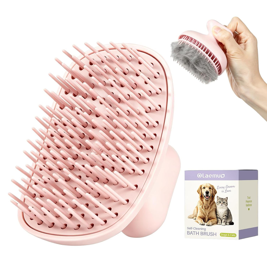 Dog Bath Brush for Grooming & Shedding, Self-Cleaning Pet Scrubber, Pink