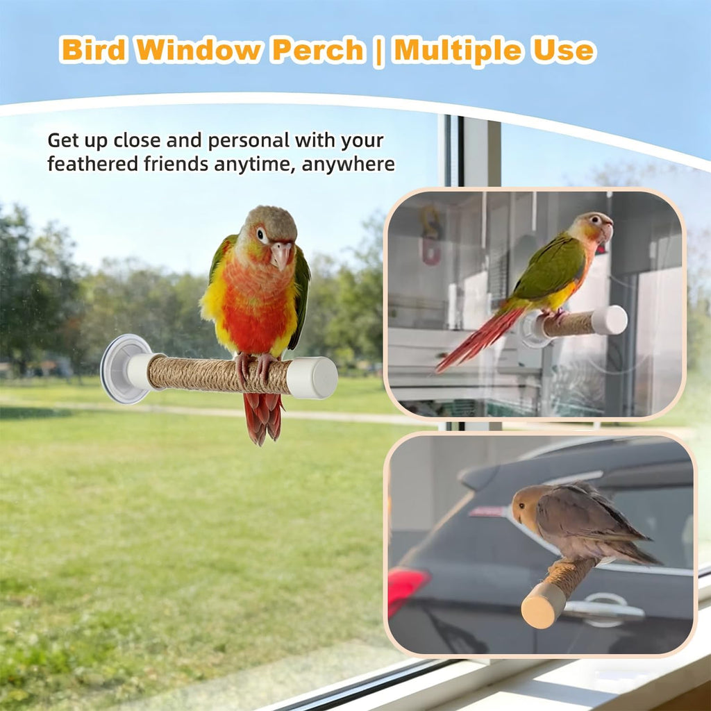 Suction Cup Bird Perch for Window, Natural Wood Parrot Stand with Strong Suction Cups, Portable Travel Perch for Shower/Bath/Car, Training Perch for Parakeet Cockatiel Conure Budgie (Medium)