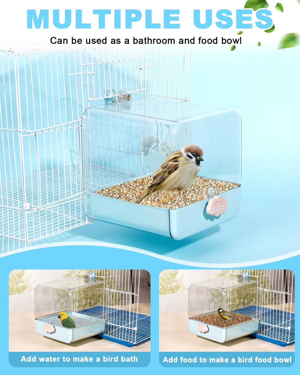 Hanging Bird Bath for Cage, 3 in 1 Multifunction Bird Bath/Bowl/House, Bird Cage Accessories Suitable for Small to Medium Birds Parakeet, African Grey, Conure, Cockatiel(6.8X6.8X6.8 inch Turquoise)