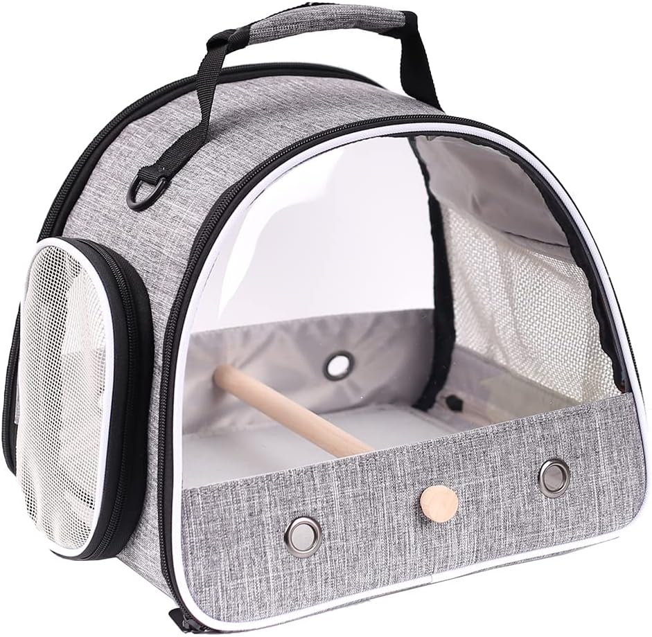 Small Bird Travel Carrier, Portable Bird Travel Cage for Parakeet, Parrot, Budgie, Guinea Pig, Bearded Dragon Reptile Carrier for Hiking Vet Visit Bicycle Ride (Grey)
