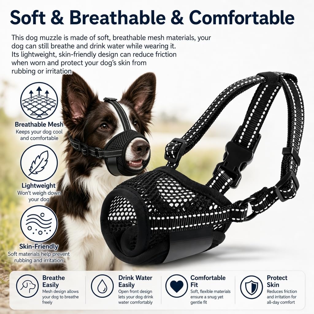 Freezx Muzzle for Dogs, Soft Mesh Breathable Adjustable Reflective Dog Muzzles to Prevents Scavenging Fierce Barking Biting Chewing, Ideal for Grooming Walking Vet Visits Allows Panting and Drinking