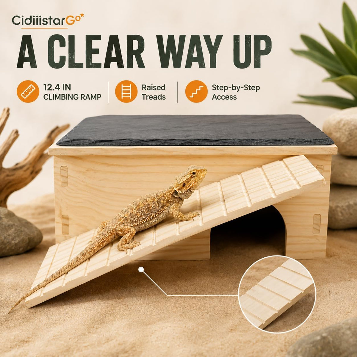 Bearded Dragon Basking Platform with Hideout Ramp & Slate Top