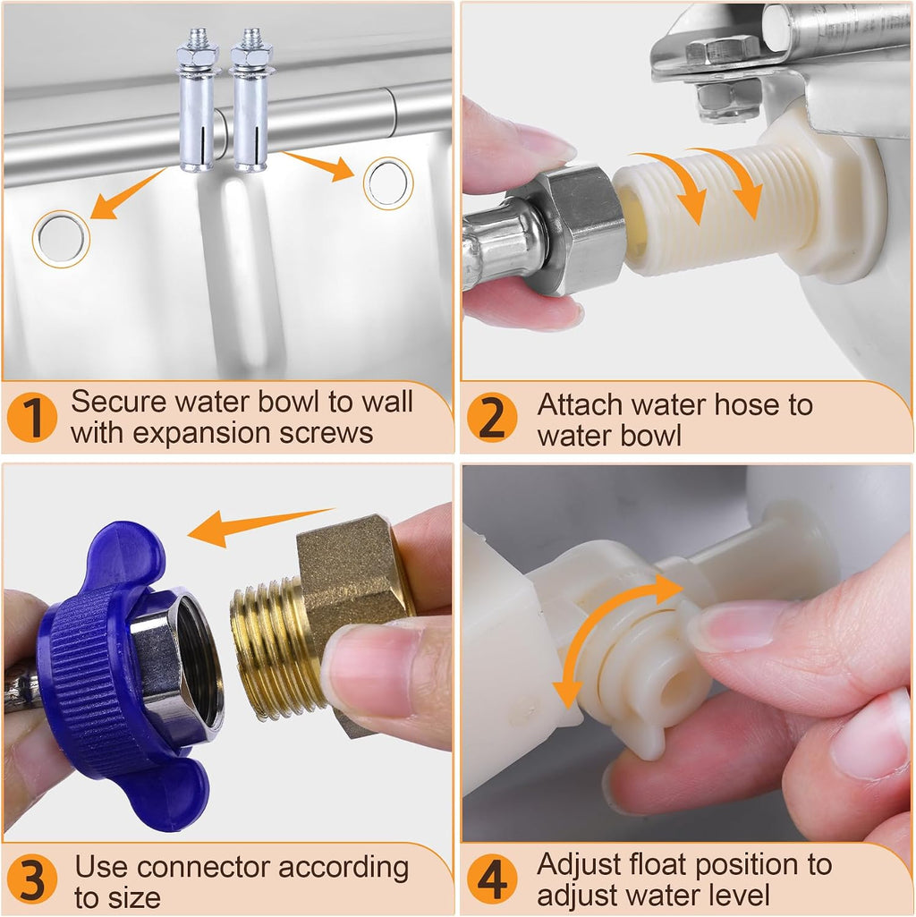MYFAMIREA Automatic Animal Drinking Water Bowl Stainless Steel Waterer Feeder Farm Dog Dispenser Kit Self Filling for Livestock Horse Goat Water Trough with Float Valve Drain Hole Hose Adapter Bolts
