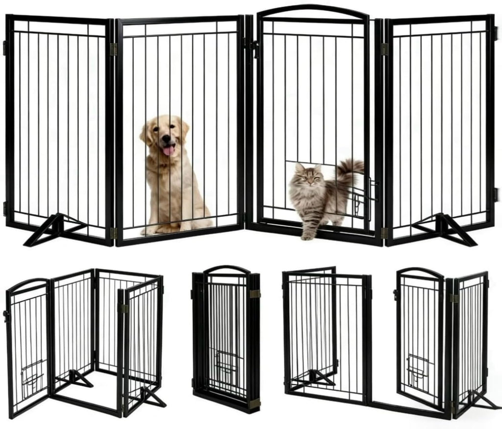 Full Metal Freestanding Dog Gate with Cat Door for Indoor & Outdoor,32" Tall 80" Extra Wide Foldable Dog Fence,Free Standing Pet Gate for Stairs,Porch,Deck,Yard,Doorways(Black)