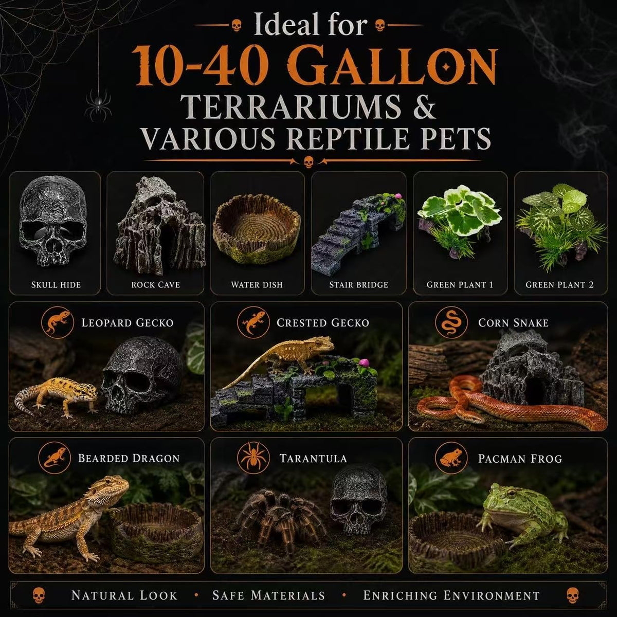 Reptile Hide Cave, 6 Pcs Terrarium Decor Set: Snake Hideout, Skull, Rock Shelter, Water Dish, Basking Bridge & Artificial Plants for Ball Python, Leopard Gecko, Bearded Dragon Tank Accessories