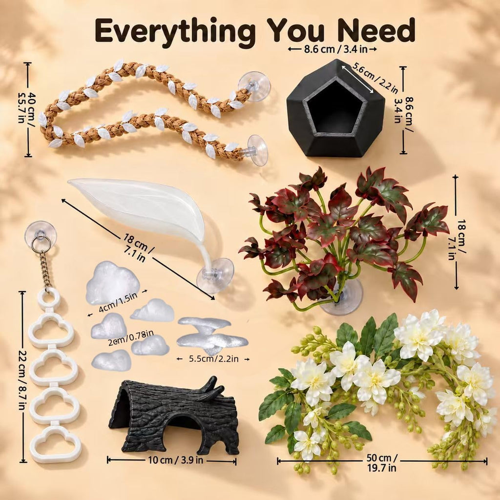9-Piece Crested Gecko Tank Accessories Set, White Reptile Terrarium Decor with Bendable Vines, Artificial Plants, Climbing Ladder, Leaf Platform and Hideouts for Geckos and Lizards