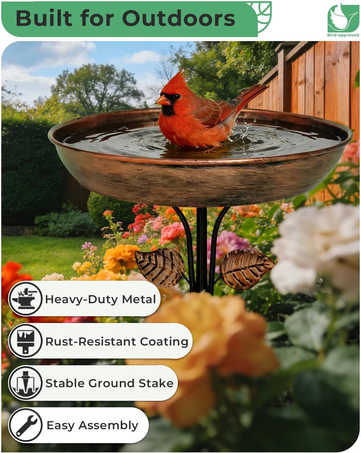 12" Bird Bath for Outside with Stake, Metal Garden Birdbath