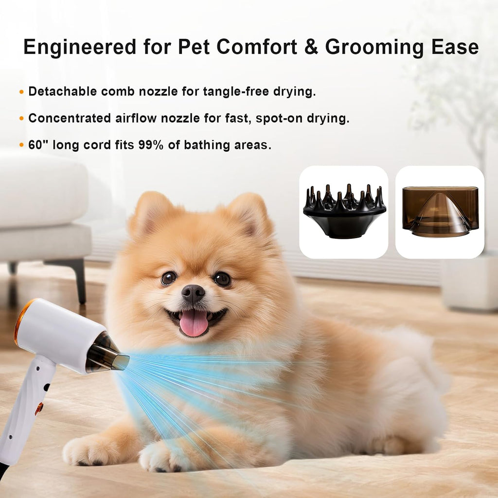 Portable Dog Hair Dryer Brush – 2-in-1 Warm Air Blower & Slicker Brush for Cats & Small Dogs – Adjustable Heat, Overheat Protection – Lightweight Grooming Tool for Home & Travel