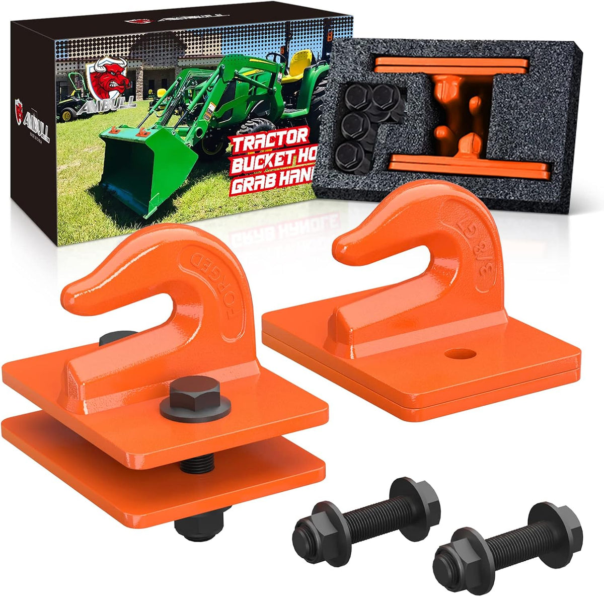 Tractor Bucket Grab Hook Grade 70 Forged Steel Bolt On Grab Hook 3/8" Tow Hook Mount with Backer Plate, Work Well for Tractor Bucket, RV, UTV, Truck, Max 15,000 lbs, 2 Pack, Orange