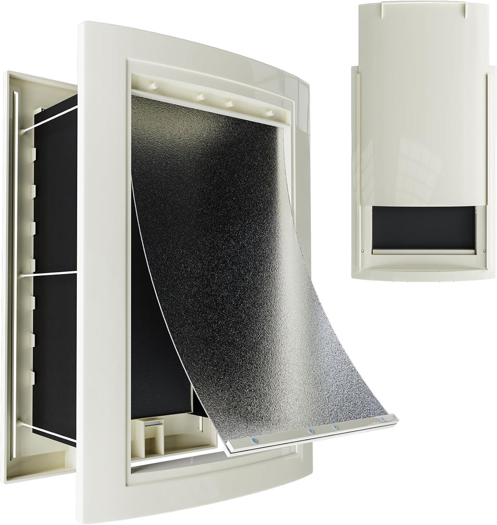 mestyl Dog Door for Wall, Pet Door, Doggie Door with Adjustable Tunnel, Double Magnetic Flaps and Sliding Lock Panels, 3-Flap Dog Door and Cat Door, Easy to Install, White, Large