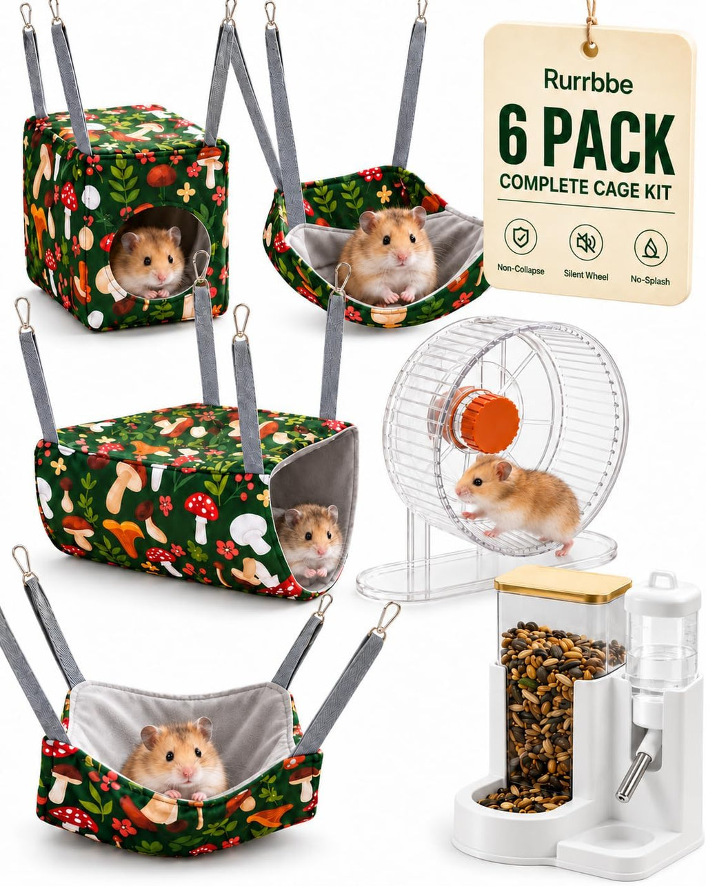 6-Piece Guinea Pig Hammock Set，with 4 Hammocks，Wheel & Feeder