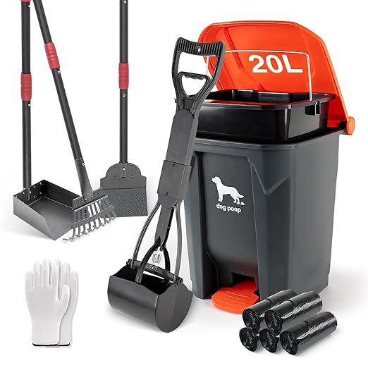 Dog Pooper Scooper, Long Handle Tray & Rake, 60 Waste Bags, Dog Waste Large Bin by HWPZE
