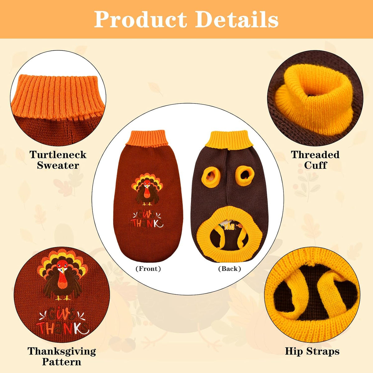 2Pcs Dog Thanksgiving Sweaters Pet Pumpkin Turkey Sweater Thanksgiving Cat Turtleneck Knitwear Shirt Clothes Dog Puppy Turkey Costume Clothes for Small Medium Dogs Cats XL
