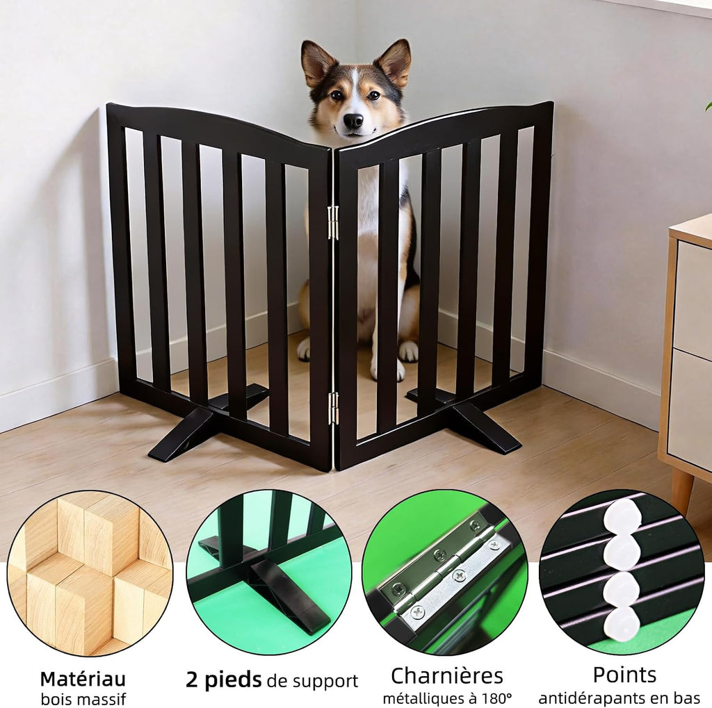Freestanding Dog Gate Indoor,Doggie Gate Foldable Pet Gates for Doorways,Stairs or Hallways, Wooden Black Pet Gate for the House, Pet Fence with Support Feet Included,32 "Height-2 Panels