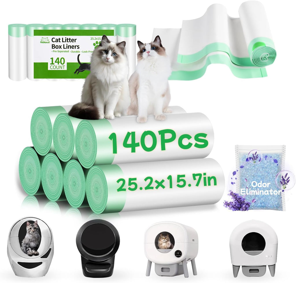 140 Count Cat Litter Bags Liners for Automatic Litter Box, Pre-Separated Easy-Dispense Waste Bags with Drawstring, Heavy Duty Leak-Proof Liners Compatible with Litter-Robot 4/5/3, 25.2"x15.7"