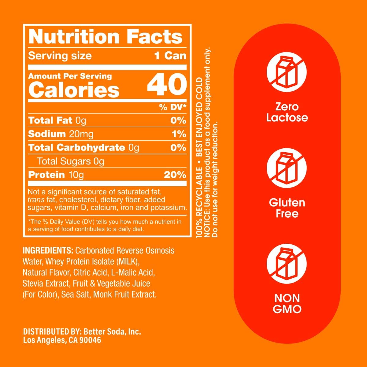 Proda Protein Soda, 10g Whey Protein, Zero Sugar, Classic Orange, 12-Pack