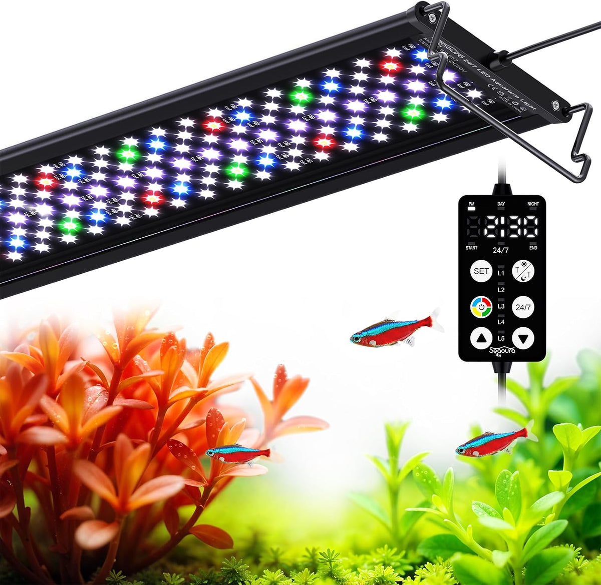 SEAOURA Aquarium Fish Light with 24/7 Timer for 30-36in Fish Tank