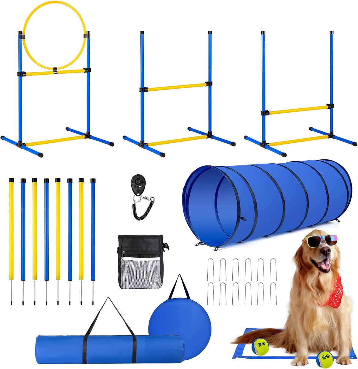 Dog Agility Course Backyard Set，Dog Agility Equipment, Dog Obstacle Course Backyard With 2-Set Agility Hurdle ，Jump Ring, 8 Weave Poles, Tunnel, Pause Box, Toy Balls And 2 Portable Carrying Bags