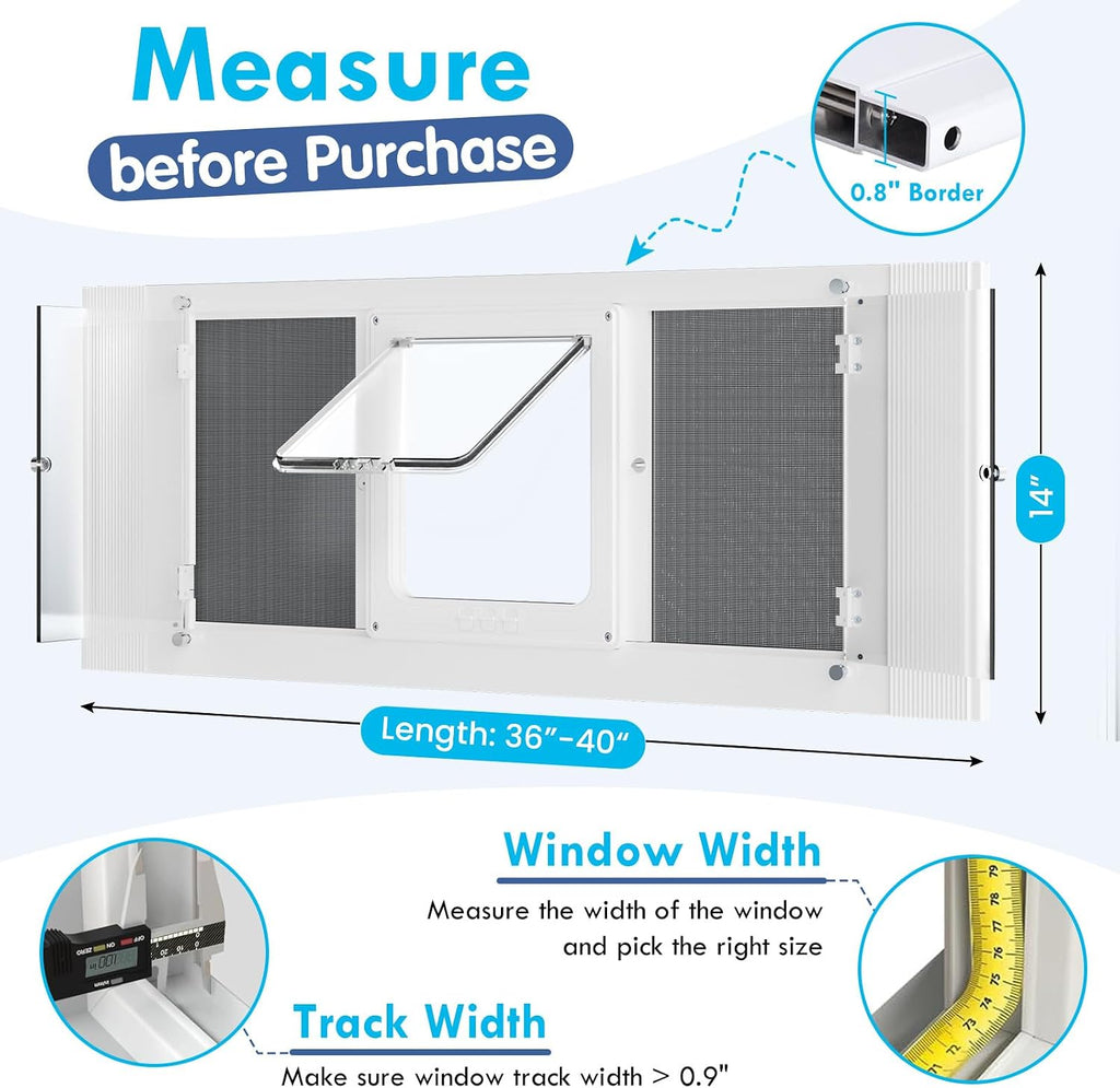 All Season Cat Door for Window with Screen Mesh & Clear Acrylic Panel,36"-40" Adjustable Width,Magnetic Closure Weatherproof Window Pet Door,Aluminum Frame Window Cat Door Insert for Sliding Windows