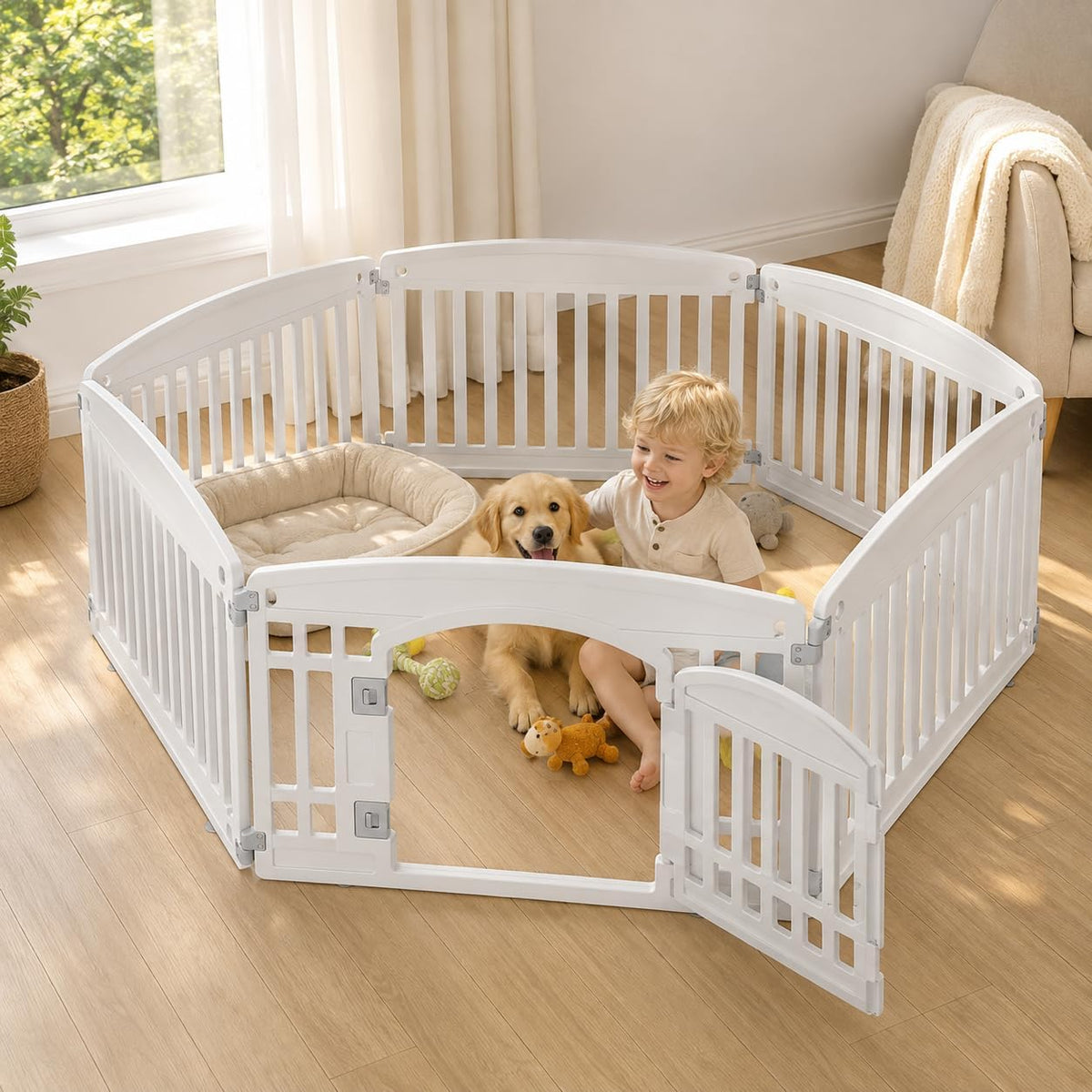 Simple Deluxe 24" 6-Panel Dog Playpen, Durable Pet Playpen with Secure Locking Door for Puppies & Small/Medium Dogs, Portable & Foldable Pet Fence, White