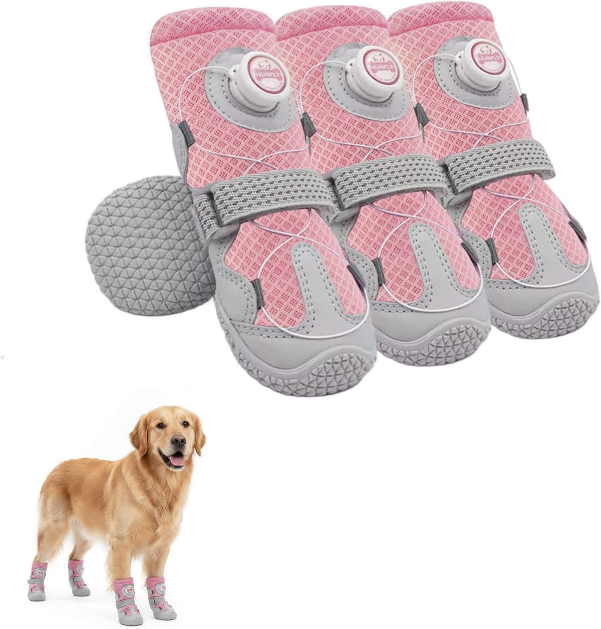 Huafly Dog Shoes Tension Knob-Twist-Lock Dog Boots&Paw Protectors Pink 4pcs
