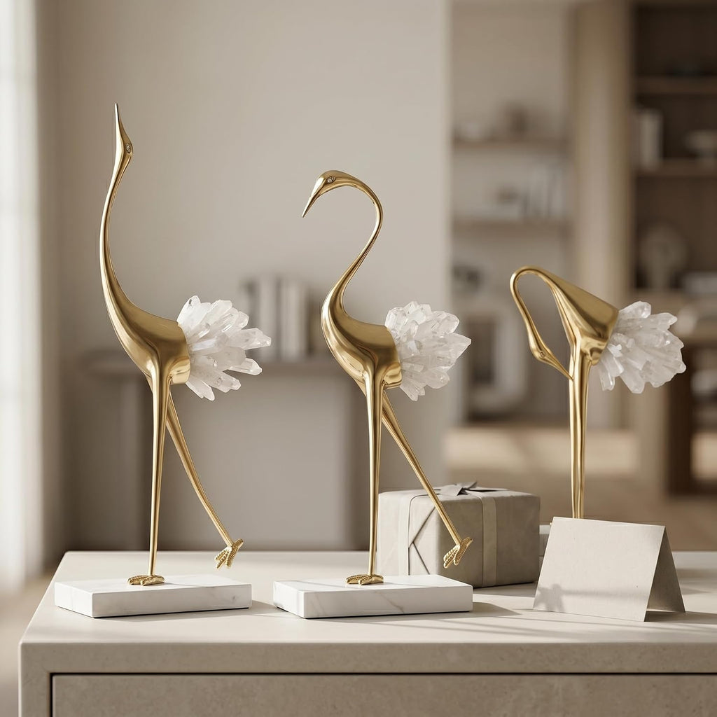 Elegant Gold Crane Bird Statues with Crystal Tail Accents, Decorative Brass Figurines for Home Decor (White C)