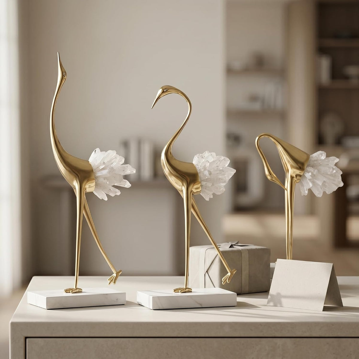 Elegant Gold Crane Bird Statues with Crystal Tail Accents, Decorative Brass Figurines for Home Decor (White C)