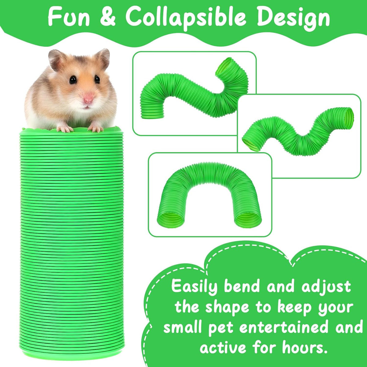 4 Pack Hamster Tunnels, Foldable Plastic Tube Toy & Hideout for Hamsters, Mice, Rats, Ferrets, Guinea Pigs, and Other Small Animals (Blue, Green, Pink, White)