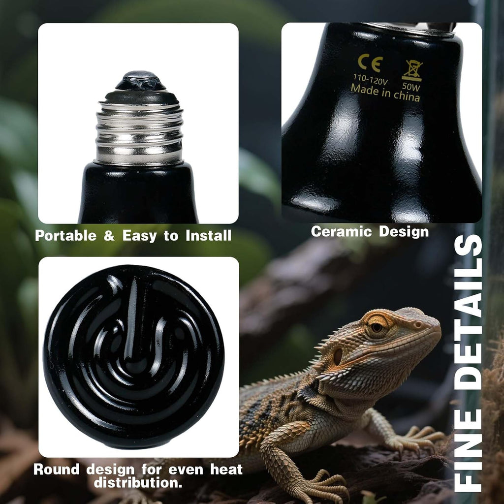 50W Reptile Heat Lamp(2-Pack) Ceramic Heat Emitter- Non-Light Emitting, 24/7 Safe Heating for Terrariums, Brooders & Incubators-Turtle Lizard Bearded Dragon Snake Small Pets E26