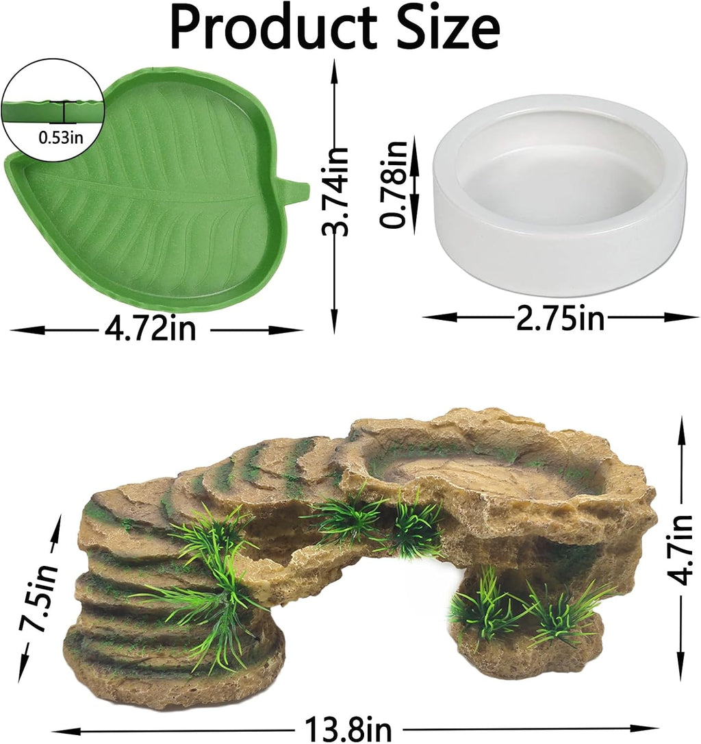 Hamiledyi Large Turtles Basking Platform 3Pcs Resin Bearded Dragons Climbing Step Ramp Tortoise Resting Dock Rock Hideout with Feeder Bowls for Reptile Lizards Chameleons Geckos Frogs Newts Snakes