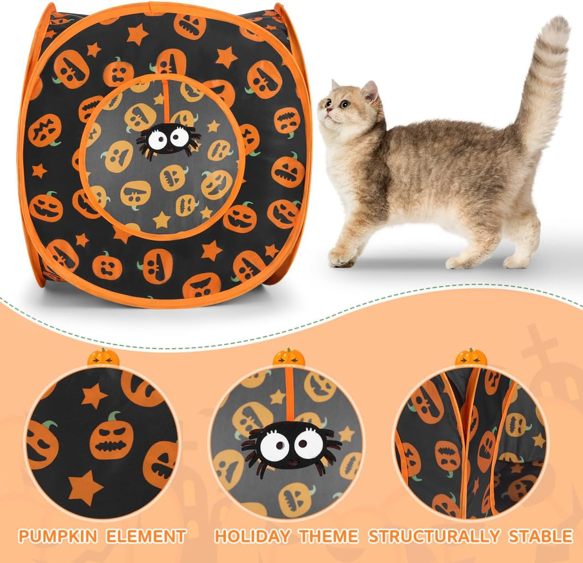 HANABASS Halloween Decorative Cat Tunnel Bed, Pop Up Cat Cube Collapsible Hideouts Play House Cave Tent Haunted House for Indoor Outdoor Kittens