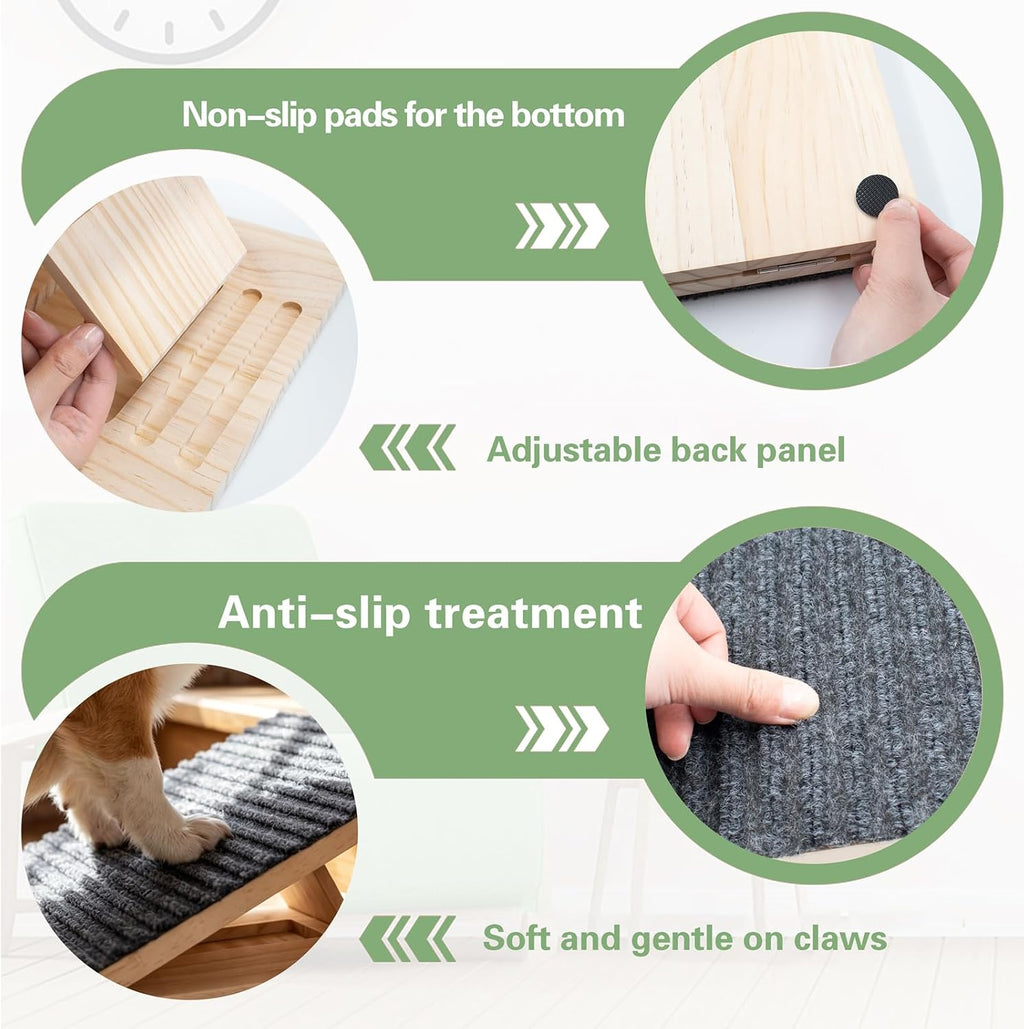 Wooden Dog Ramp for Stairs, Foldable & Adjustable Height Stair Wedges with Non-Slip Pad for Short-Legged, Small, Senior or Injured Pets Dogs and Cats (1 Pack)