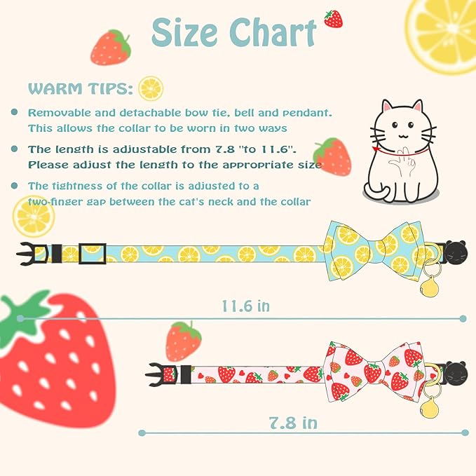 Breakaway Cat Collar with Cute Bow Tie Bell 2Pack Lemon Strawberry Summer - Image 2