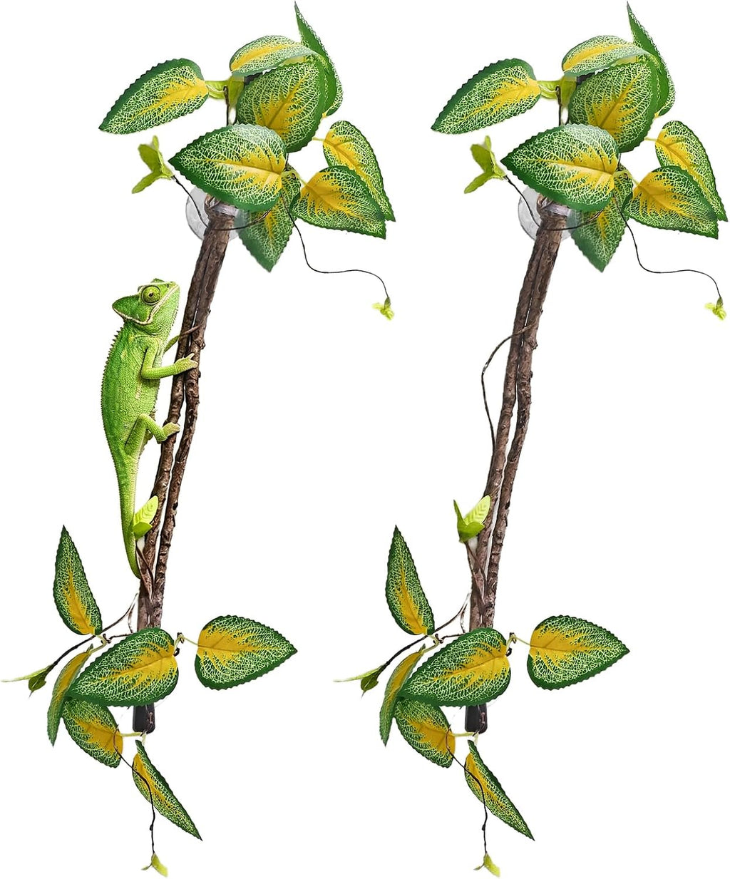 BNOSDM 2PCS Reptile Climbing Branch, Bendable Jungle Vine with Leaves Terrarium Plant Decoration with Suction Cup Chameleon Cage Accessories for Gecko Lizard Bearded Dragons Snake (Vinca Leaf)