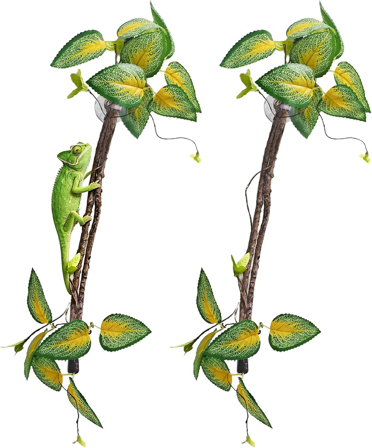 BNOSDM 2PCS Reptile Climbing Branch, Bendable Jungle Vine with Leaves Terrarium Plant Decoration with Suction Cup Chameleon Cage Accessories for Gecko Lizard Bearded Dragons Snake (Vinca Leaf)