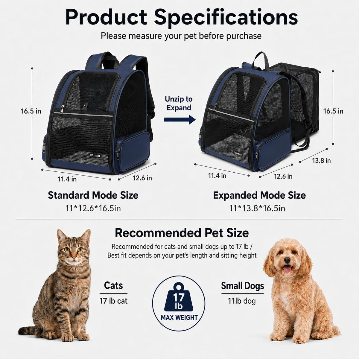Cat Backpack，Expandable Cat Carrier Backpack, Dog Backpack Carrier and Pet Carrier Backpack, Suitable for Cats, Dogs Kitten or Small Dogs, Travel Friendly Puppy Cats Bag (Blue)