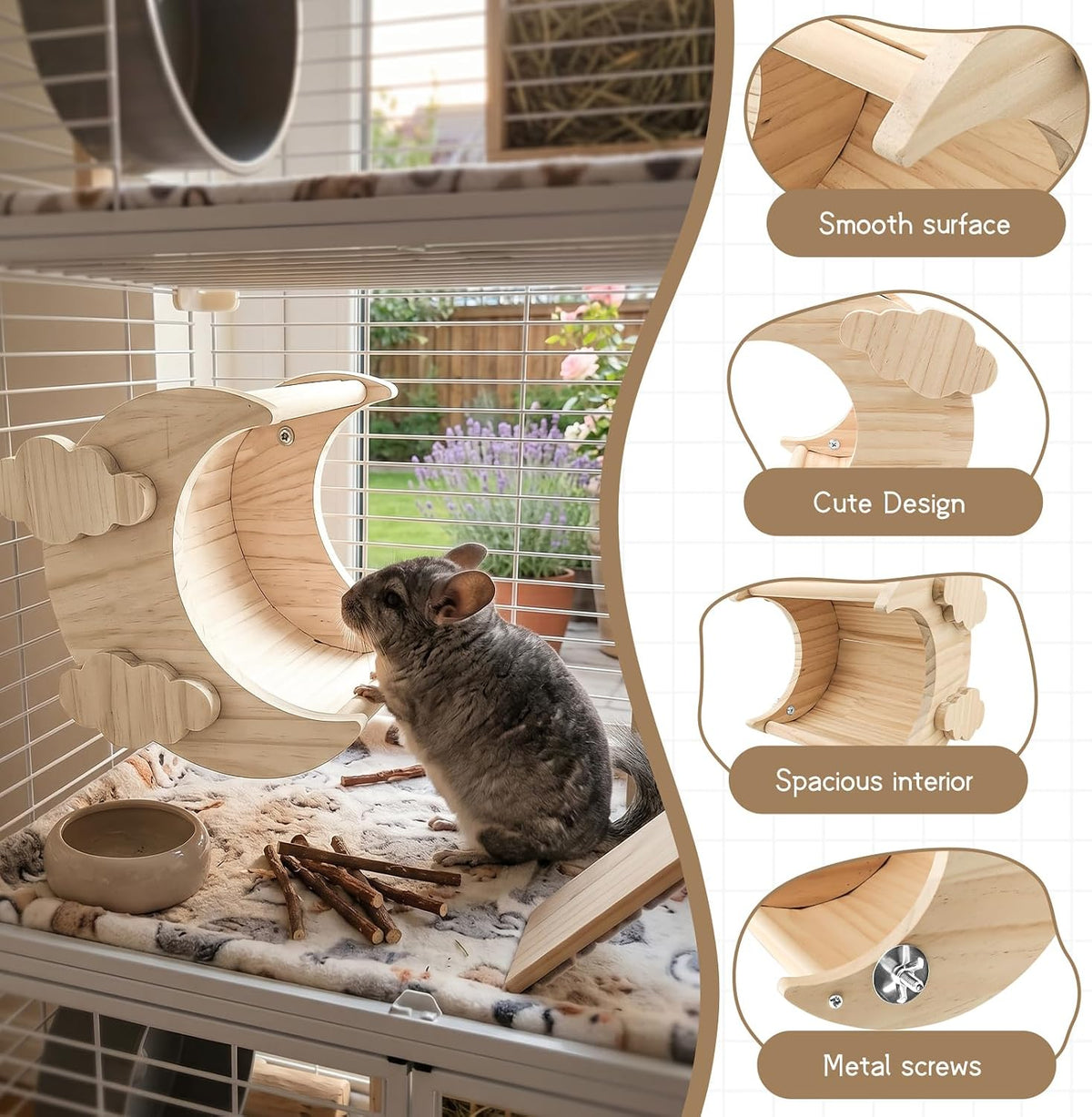 Moon Shaped Pine Wood Chinchilla Hideout, Cage Accessories for Hamsters