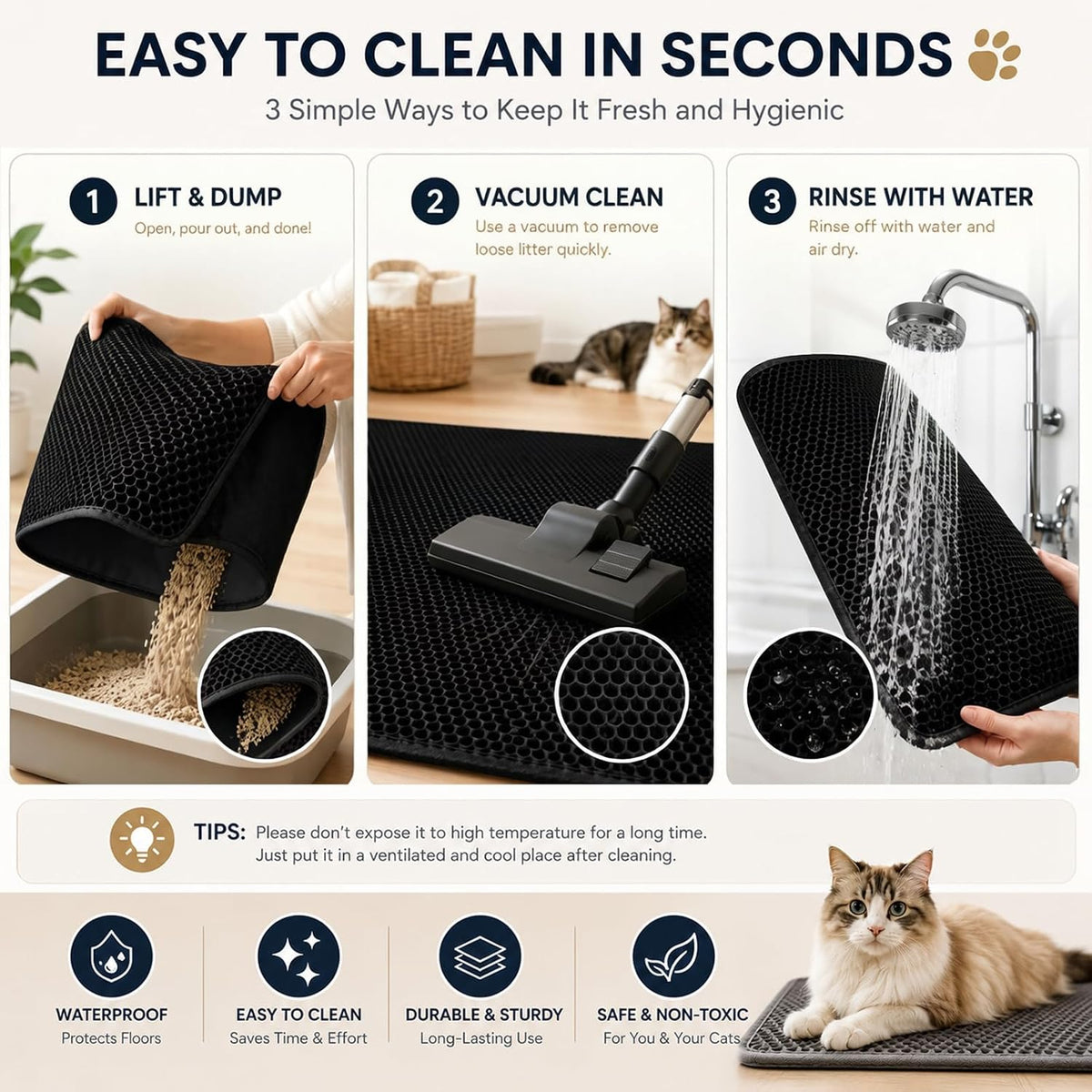 Cat Litter Box Mat,Double-Layer Honeycomb Litter Trap 30"x22" Blakc