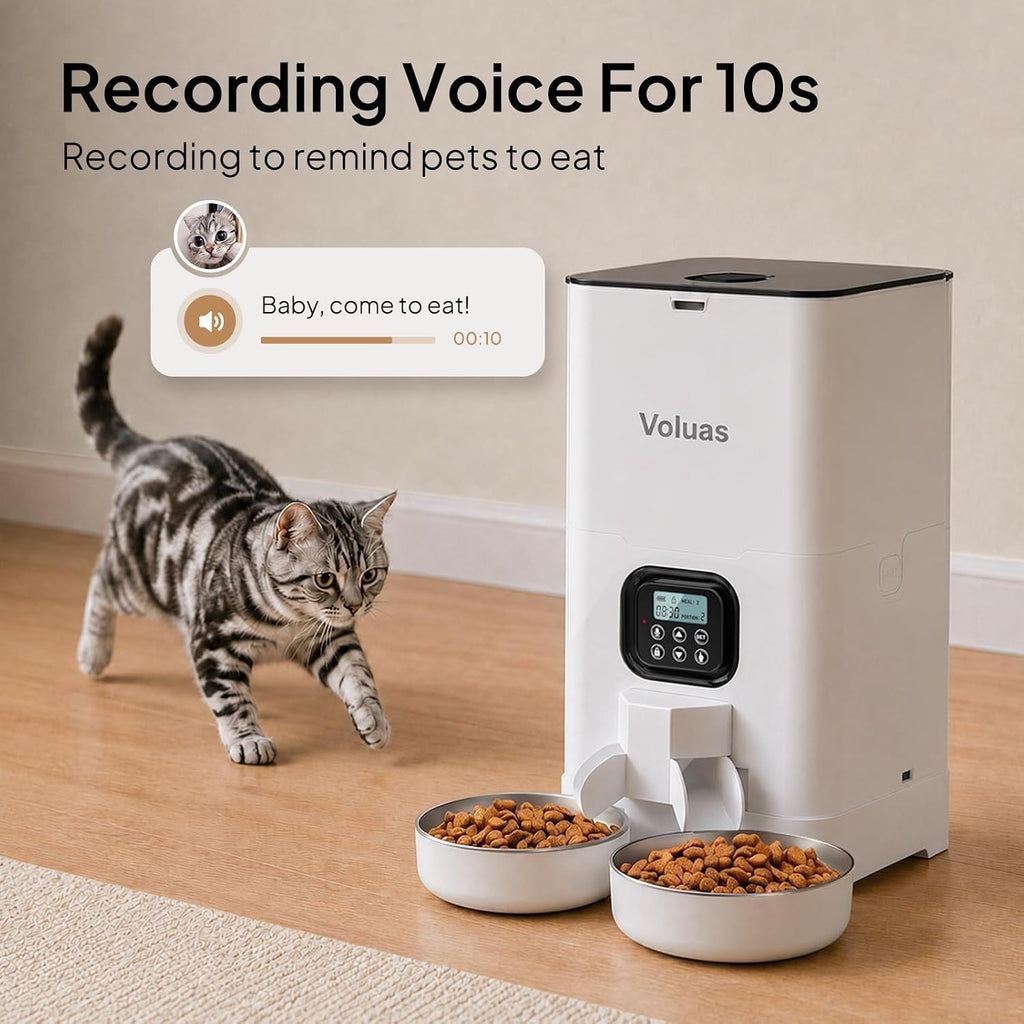 VOLUAS Automatic Cat Feeder for Two Cats with Dual Stainless Bowls, 6L