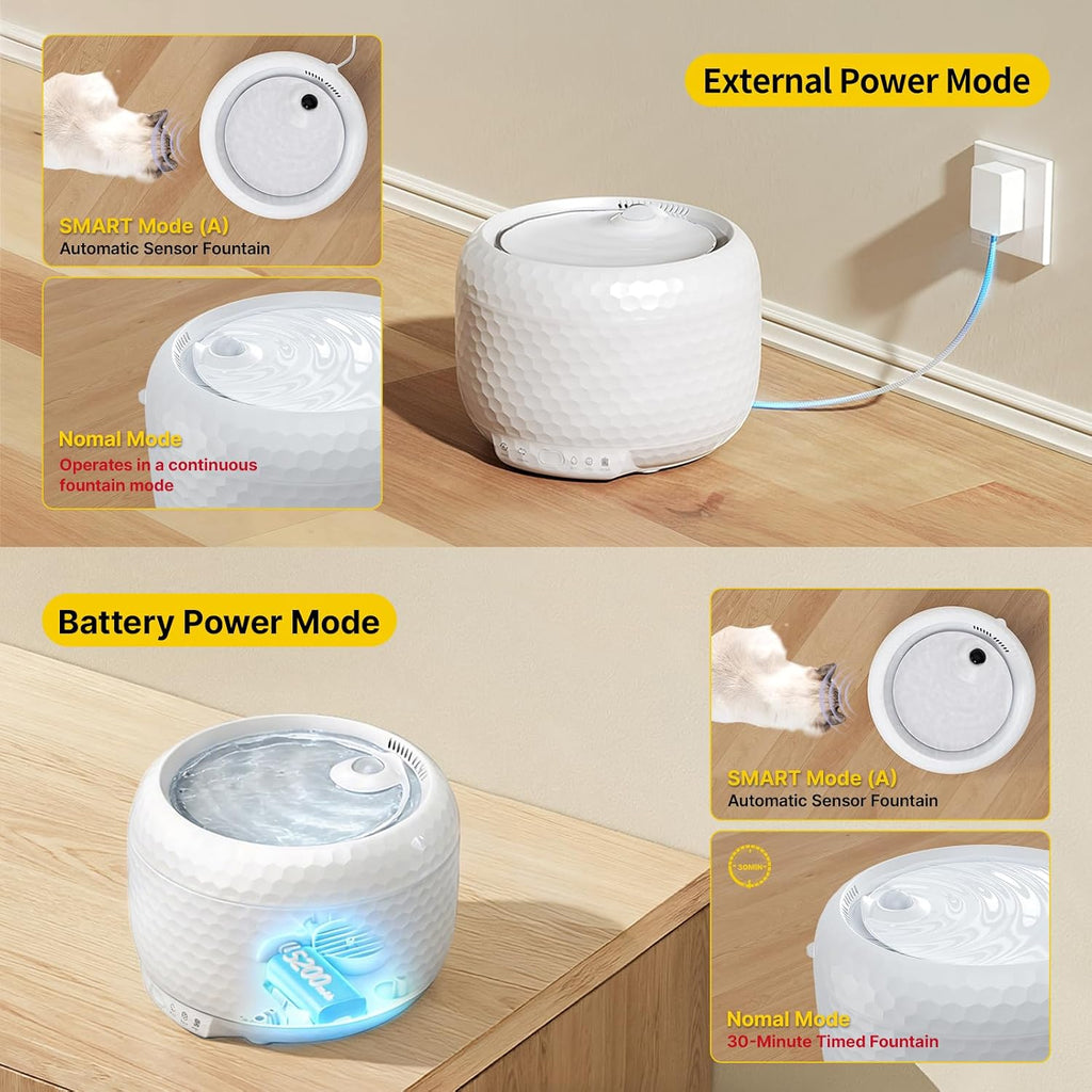 Wireless Cat Water Fountain with 5000mAh Rechargeable Battery, 1.8L/60ozCordless Pet Water Fountain with Ultra Quiet Pump, 2 Flow Modes Automatic Drinking Fountain for Cats & Small Dogs