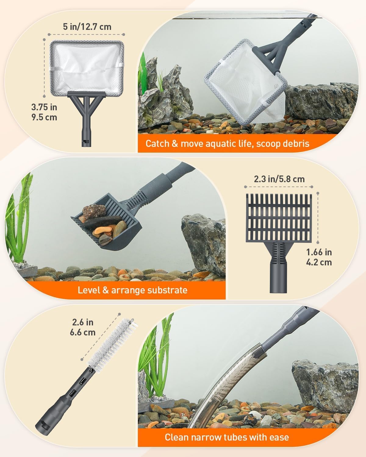 Pawfly Aquarium Cleaning Tools, 7 in 1 Fish Tank Cleaning Kit, Algae Scraper, Sponge Scrubber Pad, Brush, Gravel Rake & Fish Net with Adjustable Long Handle, Tank Cleaner Set