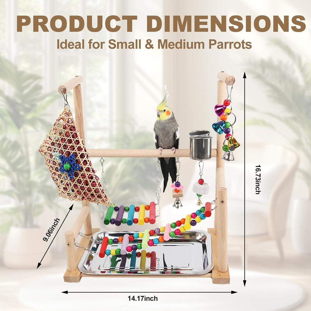 Parrot Playstand Bird Playground, Wooden Bird Perch Gym with Feeder Cups, Swing & Chew Toys, Bird Cage Accessories for Cockatiel Conure Parakeet Lovebird