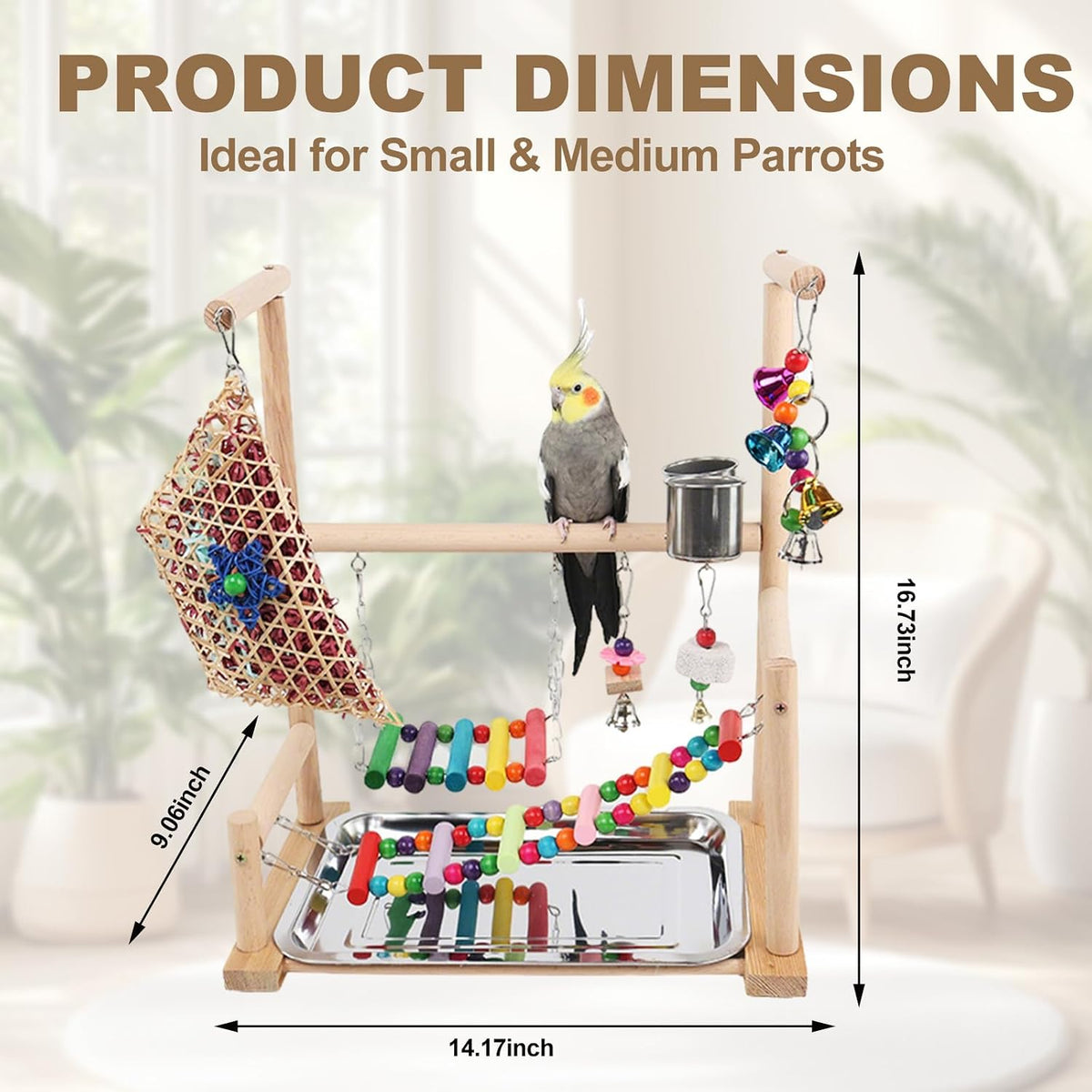 Parrot Playstand Bird Playground, Wooden Bird Perch Gym with Feeder Cups, Swing & Chew Toys, Bird Cage Accessories for Cockatiel Conure Parakeet Lovebird