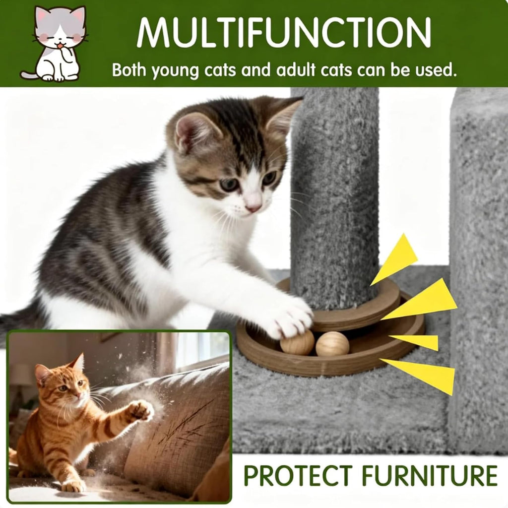Small Cat Tree for Indoor Cats, Activity Cat Tower with Scratching Post for Kittens, Modern Cat Furniture with Basket & Hanging Ball for Play Rest, Grey