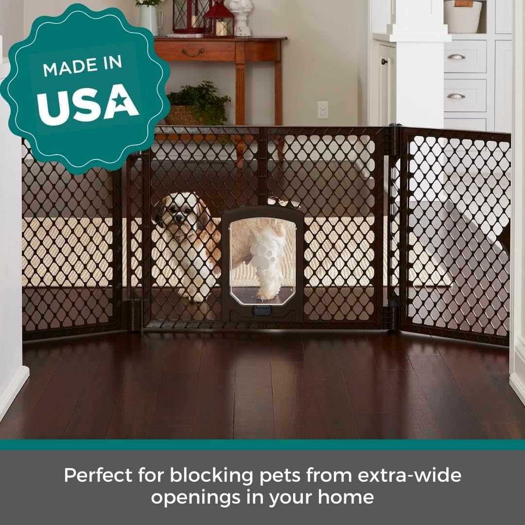 MyPet Extra Wide Dog Gate with Small Pet Door. 38.5” to 103.5" Wide. Cat Gate for Doorway. Made in USA. 26" Tall, Brown